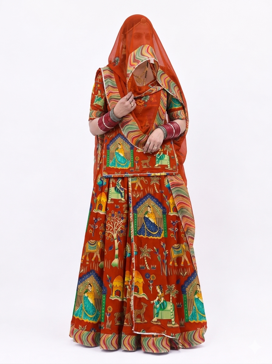 Orange Pichwai Print Poshak