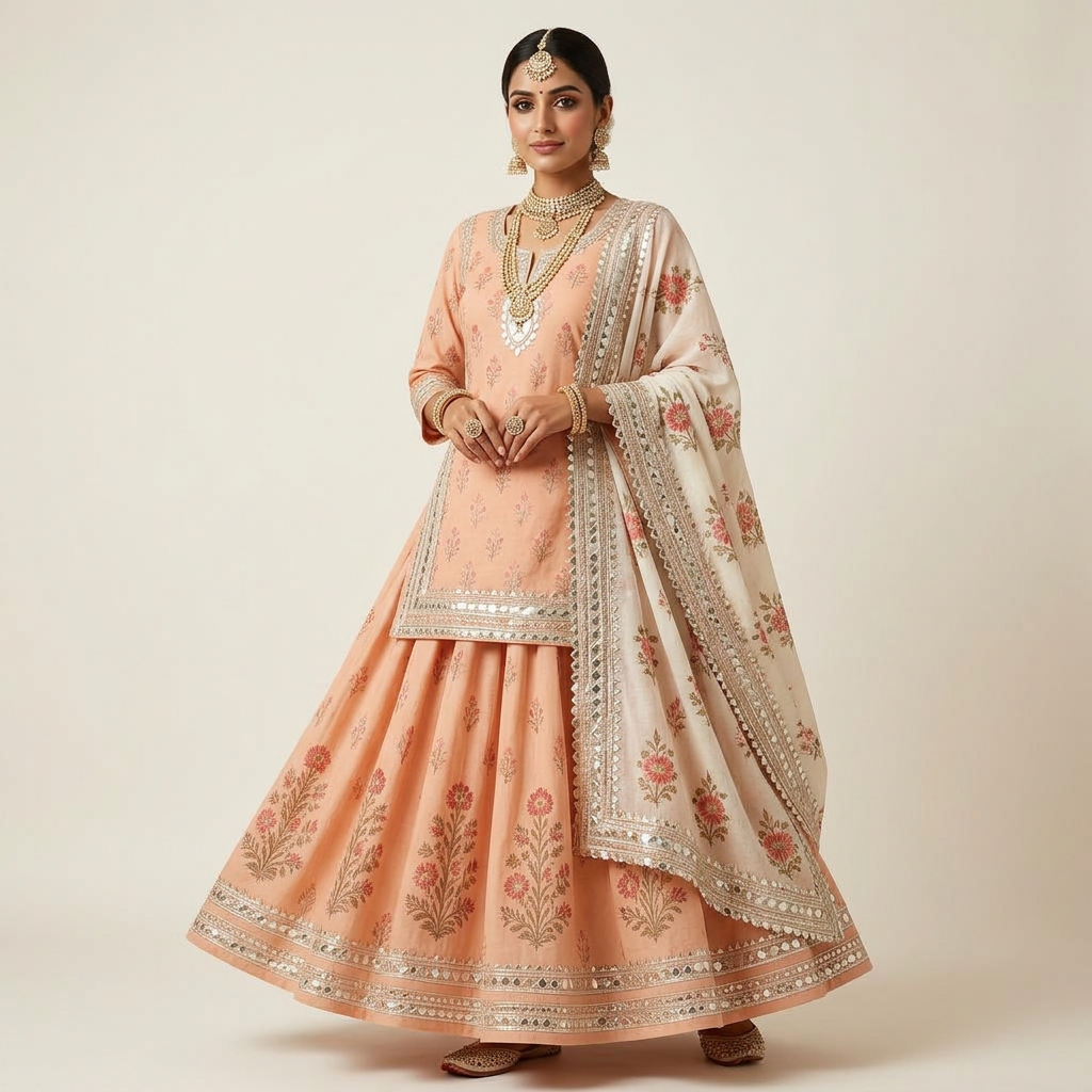 Peach Block Print Poshak
